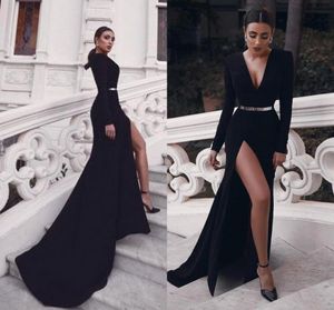 GORĄCO! Seksowne Wysokie Udo Split Black Suknie Wieczorowe Długie Rękawy V Neck Kobiety Formalne okazje Suknie Met Gala Celebrity Nosić