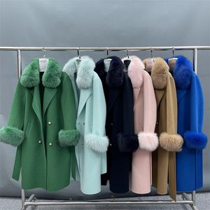 Mulheres de lã feminina Mulheres de inverno Casaco de cashmere Wool Jacket com gola de pele de raposa e manguito elegante e elegante fit coreano moda longa sobretudo feminino 220826