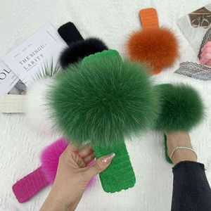 Wholesale real fur fabric for sale - Group buy Real Fur Slides Cotton Fabric Summer Fluffy Slippers Ladies Luxury House Flats Shoes Natural Raccoon Fur Flip Flops Women Y220719