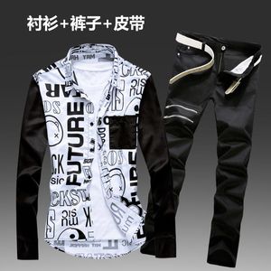 Men's Tracksuits Spring Autumn Men's Long Sleeve Shirt Mixed Color Jeans Pants 2pcs Set Casual Sets Size M-3XL N19Men's