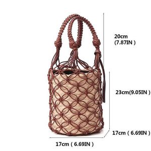 Evening Bags Merk Ronde Tote Vrouwen Touw Weave Mesh Hollow Handtas Designer Mand Zakken Gesaldeerd Afneembare Visnet Schoudertassen Emmer Zak 220420