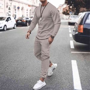 New Soild Color Men's T-Shirt Long Sleeve Set Spring Autumn O-Neck Sportswear Two-Piece Tracksuit Shirt+Pants Sweat Suit Clothes Y220420