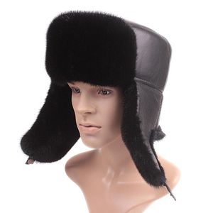 Basker vinter hatt naturliga päls män riktiga mink hattar skyddar örat varm tillräckligt ryska äkta läderbomberhatberets