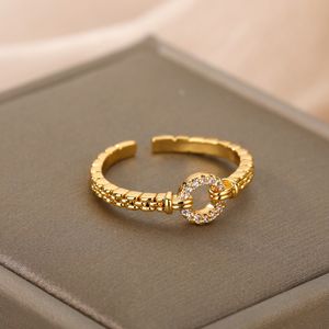 Zircon Round Rings For Women Stainless Steel Gold Punk Rock Chain Open Adjusted Ring Accessories Jewelry Gift Bijoux Femme 220719