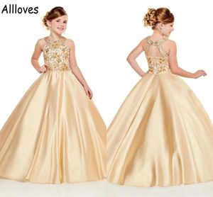 Halter Gold Satin Little Girl's Pageant Dresses Sequins Beaded Embroidery Kids Toddler Flower Girl Wedding Ball Gowns Infant Baby First Communion Dress CL0884