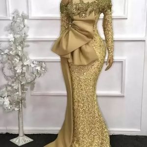 2022 Elegante afrikanische Art-Spitze-Meerjungfrau-Abendkleider Plus Size Gold Pailletten mit langen Ärmeln Perlen Prom Party Kleider Robe De Soiree BC11139 0618