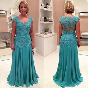 Lace Chiffon Long Mother of The Bride Dresses with V-neck Capped Sleeves Mother Dresses for Wedding Mother In Law Dresses