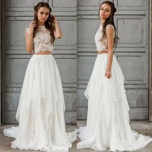 Skräddarsydd sexig tvådelar Boho Wedding Dress 2021 Crop Top Chiffon Summer Beach Garden Bride Dresses Golvlängd Bohemian Country Bridal Gown Zipper Back