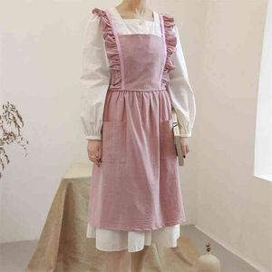 New Washed Cotton Linen Kitchen Apron For Cooking Baking Flower Shop Ruffles Work Clean Apron for Woman Uniform Lady Dress Y220426