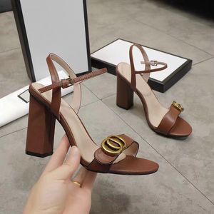 designer Women's High Heel Sandals Leather Party Fashion Metal Double buckle Summer Designer Sexy Peep-toe women's chunky Heel Dress Shoes High Heels 10cm 35-42 with box
