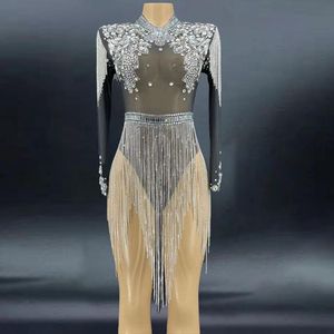 Stage Wear Shining Crystals Mesh Sexy Bodysuit Sparkly Rhinestones Fringes Party Birthday Dress Nightclub Outfit Performance CostumeStage