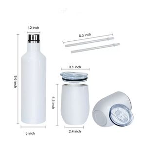 3pcs şarap tumbler seti 17 oz süblimasyon Beyaz bardaklar paslanmaz çelik su şişeleri Çift yalıtımlı vakum bardakları Pipetler ve kapaklarla A12