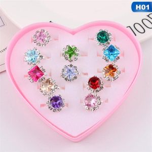 Caixa Do Anel Da Forma Do Coração venda por atacado-12 anéis de jóias com presente de formato de coração Presente de aniversário ajustável para meninas cluster269p