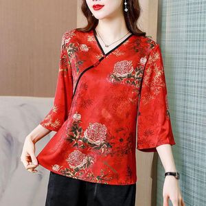 Etnisk kläder Chiffon Blue Lady Casual Shirt Traditionell kinesisk vintage Flower Print Qipao Kvinna Cheongsam Oriental Tang Suitethnic