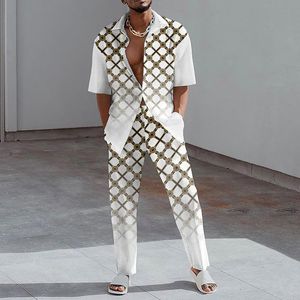Men's Tracksuits Fashion Print Two Piece Set Men Summer Short Sleeve Lapel Button Shirts And Straight Pants Suit For Mens Outfits Casual Clo
