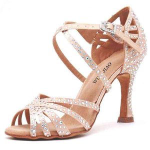 Women Party Dance Shoes Sandals Satin Shining Rhinestones Soft Bottom Latin Dance Shoes Woman Dance Shoes Heel Sandals Women G220519