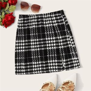 ROMWE Plaid Textured Mini Skirts Womens Spring Fall Clothes Mid Waist Black Skirt White Skirt A Line Split Hem Korean Skirt T200301