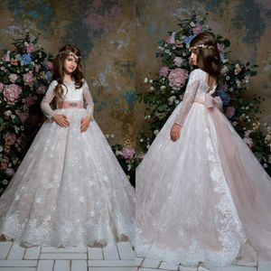 Flower Girl Dresses for Weddings 2022 Ballgown Communion Soft Lace Dress with Long Sleeves Toddler Formal Party Gowns Tulle Kids Birthday Special Event Beaded Sash