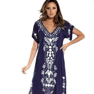 Damen Bademode Strand Stickerei Smock Rayon bestickt Robe Cover Up Kleider für Frauen langes Kleid Baumwolle Street StyleDamen