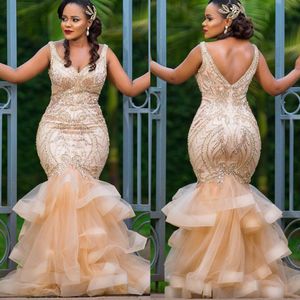 2022 Plus Size Arabic Aso Ebi Gold Mermaid Luxurious Prom Dresses Pärled Crystals Evening Formal Party Second Reception Birthday Engagement Gowns Dress ZJ677