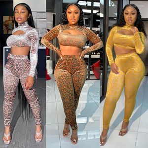 Women's Tracksuits Hirigin 2022 Women Spring Leopard Outfit Long Sleeve Turtleneck Crop Top Hollow Chest Pullover Tunic High Waist Trousers