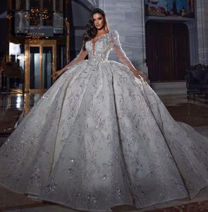 Glitter 2022 Ball Gown Abiti da sposa manica lunga in rilievo di cristallo paillettes Bling Bling Abiti da sposa su misura Vestido de novia