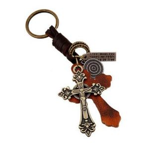 Deri anahtar deri alaşım retro retro hristiyan çapraz anahtarlık anahtar yüzük tutucu cazibesi moda aksesuarları araba çantası kolye