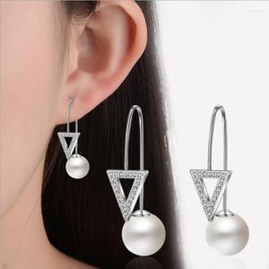 Stud Fashion 925 Silver Earrings For Women Wedding Party Creative Micro-Inlay CZ Triangle Pearl Earring Lady Fine Jewelry GiftStud Farl22