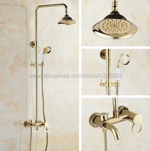 Bathroom Shower Sets Luxury Gold Color Brass Rainfall Faucet Set Mixer Tap With Hand Sprayer Wall Mounted Bath Kgf417Bathroom