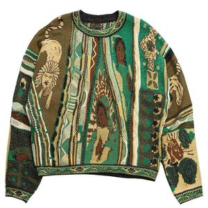 Men's Sweaters Kapital Japan Style Vintage Knitted Women And Men Sweater Green Printed Crew Neck Loose Casual Thickened Contrast PulloverMen