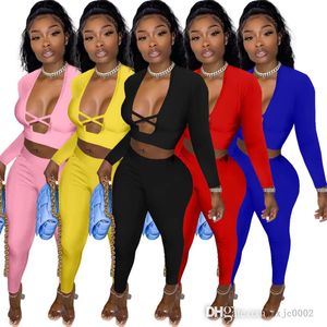 Women Fall Clothing Pants Outfits Designer Slim Sexy Cross Cut Long Sleeve Crop Top And Leggings 2 Pieces Sets Sweatsuits