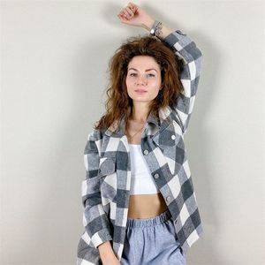 ZXQJ Streetwear Women Grey Plaid tjocka skjortor Autumn Fashion Ladies Pocket Shirt Female Chic Loose Top Casual Girls Bluses 210302