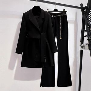여자 2 피스 바지 라펠 캐주얼하고 우아한 여성복 버클 벨트 장식 코트 2 피스 세트 긴 소매 바지와 멘스