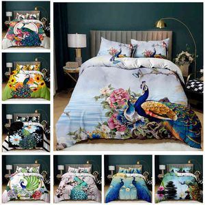 Peacock Duvet Cover Set Elegant Gorgeous Blue Feather Comforter for Girls Women Pink Flower Birds Animal Theme Qulit