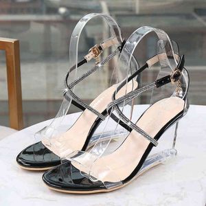 Large Size Elegant Black Gold Comfortable PVC Sandals Ladies Wedges High Heels For Women Open Toe Roman Transparent Shoes DB0072 YQ231026