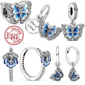 Charm-Anhänger aus 925er-Sterlingsilber, himmelblaues Pflaster, Schmetterlingsblumen, zarte Perlen, passend für Pandora-Charm-Armbänder, DIY-Schmuckzubehör