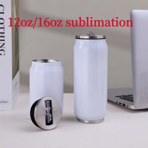 MOQ25pcs 12/16oz Cola Can Sublimation tumbler Insulated Water Bottle DIY Heat Transfer Printing Double Wall Soda Mugs with Lid and Straw