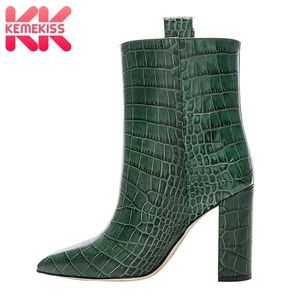 Kemekiss Short Boots Women Plus Size 3548 Winter High Heels Cheels Boots Boots Fashion Stone Pattern toe the tee nasual women 201031