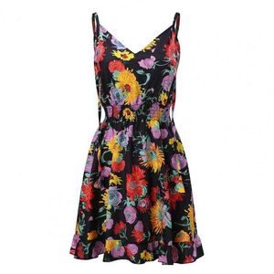 Ny snygg tryckkjol Bekväm att bära fin utförande Polyester Kvinnor Sling Kort klänning för utomhusstrand V Neck Dress L220705