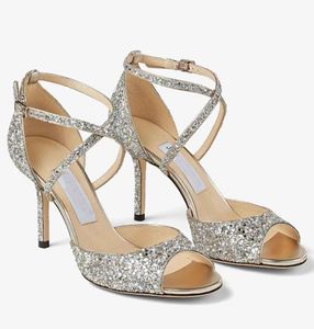 Summer Popular Emsy Sandals ShoesCrystal Cherries High Heels Glitter Leather Women Lady Bridal Dress Evening Brands Lady Gladiator Sandalias