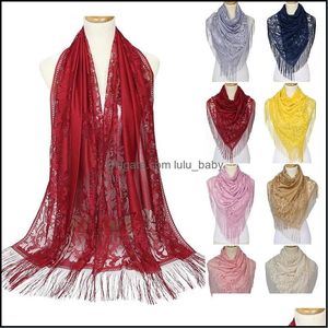 Scarves Wraps Hats Gloves Fashion Accessories 190Cm Women Elegant Luxury Thin Lace Shawls Scarf For Ladies Muslim Islamic Tassel Hollow L