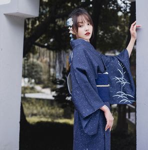 Japanese ethnic clothing Women Flower Print Kimono elegant robe Blue Dress traditional Clothes Sakural V Neck Oriental gown Asian costume