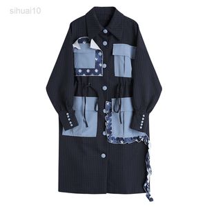 Spring Retro Style Styl Blue Plaid Duża kieszeń sznurka Hit Kolor Windbreaker Kobiety Długo spersonalizowana żeńska kurtka koszuli L220725