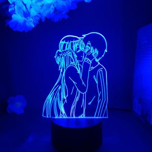 Luci notturne Kirito Asuna Kissing Anime Lamp Kawaii Room Decorativo Manga Gadget Sword Art Online Figurine LED Light Regalo di compleanno