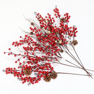 Декор На Рождество оптовых-Decorative Flowers Wreaths Artificial Pine Cone Christmas Berry Tree Branches Red Fruit Fake For Wedding Party Decor