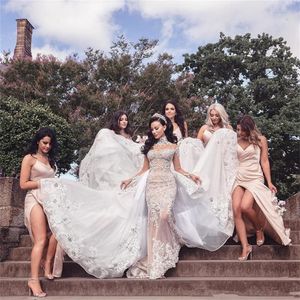 Ausgezeichnete glitzernde Kristall-Meerjungfrau-Hochzeitskleider, Stehkragen, Perlenapplikation, lange Ärmel, sexy Spitze, Brautkleid, Dubai-Hochzeitskleid 2022