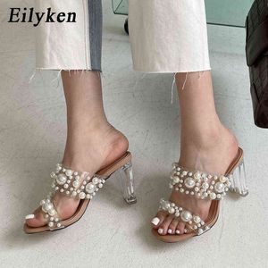 Dress Shoes Eilyken New Transparent Pvc String Bead Woman Fashion Open Toe Slippers Crystal Perspex Heels Slides Beach Sandale Femme 220507