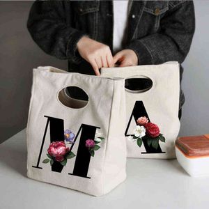 Initial Letter Print Cooler Lunch Bag Travel Picnic Food Storage Pouch Thermal Insulated Bento Box Organizer Tote for Kids Women Y220524