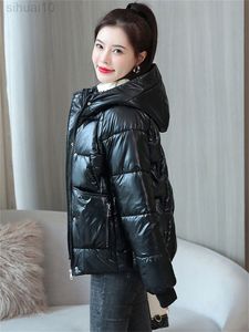 Parlak Parkas Ceket Kadınlar Ücretsiz Yıkama Pamuk Paltolar 2022 Kış Yeni Moda Kısa Kısa Slim İnce Koreli Kapüşonlu Kalın Sıcak Ceketler L220730