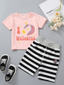 Pantaloncini con toppe e lettere a righe con scritta grafica Unicorno per bambine da bambina SHE
